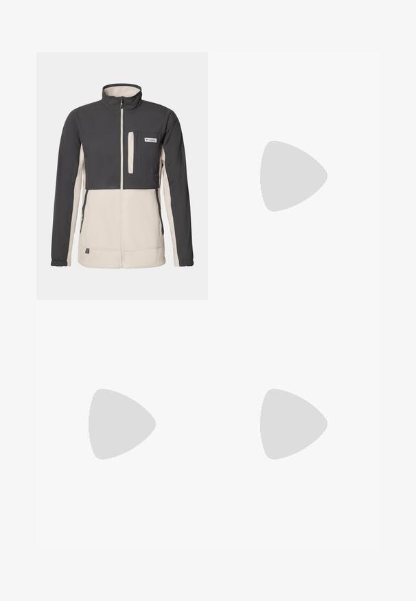 Columbia UNCHARTED™ FULL ZIP - Fliisjakk - shark, dark stone; Must nagu lühikeste varrukatega T-särk, mis on valmistatud puuvillast, ja millel on rinnatasku, kus on sinine Patagonia logo vasakul küljel.; Mustad veekindlad püksid siledast tekstuurist, kahe esipõhja nupuga ja kitseneva jala disainiga. Ääristatud küljele paigutatud logoga.; Mustmustun mustus kingad tekstuurse ülusega, hallide aktsentidega, peegeldavate detailidega ning paksu valge tallaga, millel on Vibram'i bränding.