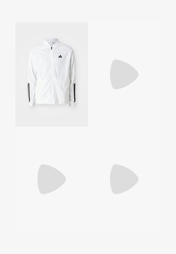 Hvid zip-jakke med høj krave, sorte tre-stribe accenter på ærmerne og et lille sort logo på brystet. Glat stofstruktur.; Hvid kortærmet T-shirt lavet af åndbart stof, med et sort trekantet logo og tre sorte striber på hver skulder.; Hvide sportsbukser lavet af glat stof, med elastisk talje og tætsiddende manchetter, og med et sort logo på baglommen.; Hvide sportssko med en tekstureret mesh-overdel, en støttende polstret sål og et tre-stripes design på siden.