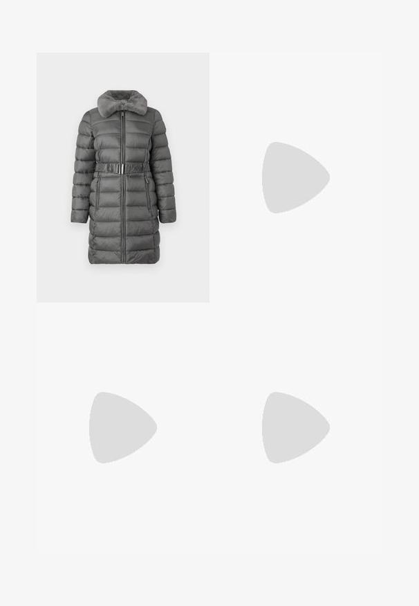 Gray puffer coat with a plush fur collar, zip front, and a belted waist. Features horizontal stitching and two side pockets.; Cropped white t-shirt made of soft fabric, featuring short sleeves, a round neckline, and ribbed hem details. Simple and unembellished design.; Black trousers made from smooth fabric featuring a high waist, wide legs, front pleats, and classic belt loops. No side pockets visible.; Black patent leather slingback pump with pointed toe, slim heel, and a subtle cutout design. Features a gold buckle on the strap.