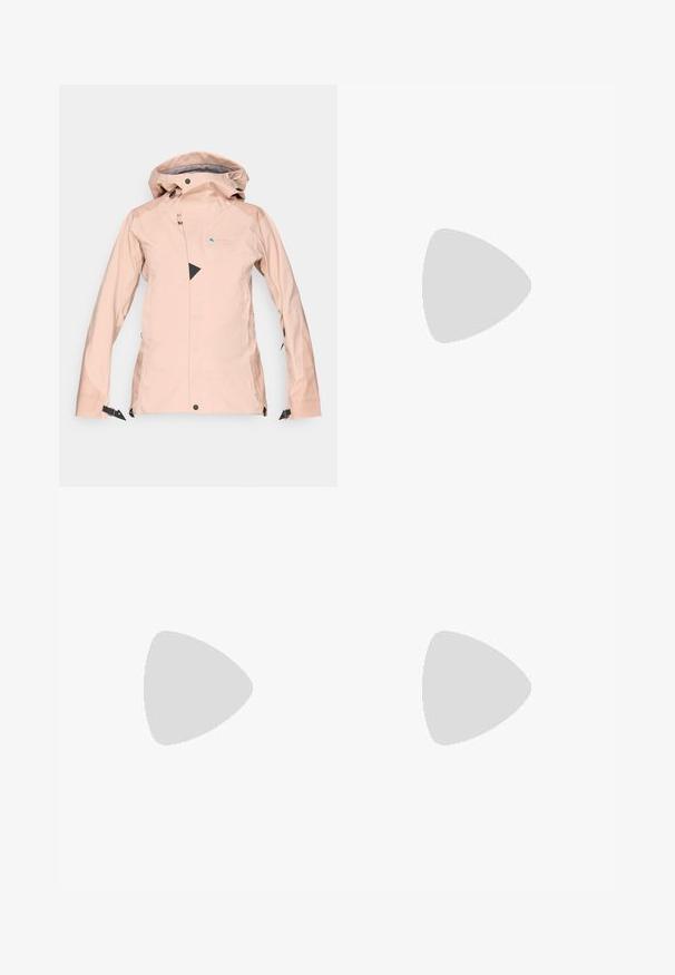 Casaco impermeável feminino em rosa claro. Apresenta capuz ajustável, fecho frontal, detalhes triangulares pretos e bolsos laterais. Material leve e suave.; T-shirt preto de mangas longas, feito de algodão, com decote redondo. Apresenta um pequeno logótipo branco na área esquerda do peito. Design simples e ajuste confortável.; Calças cargo pretas em nylon com fechos de correr removíveis, punhos ajustáveis, múltiplos bolsos e um logótipo na perna direita. Textura suave e leve.; Sapatilha atlética beige e creme com parte superior em malha texturizada, sobreposições de suporte e sola de borracha com um padrão de cravo para tração.