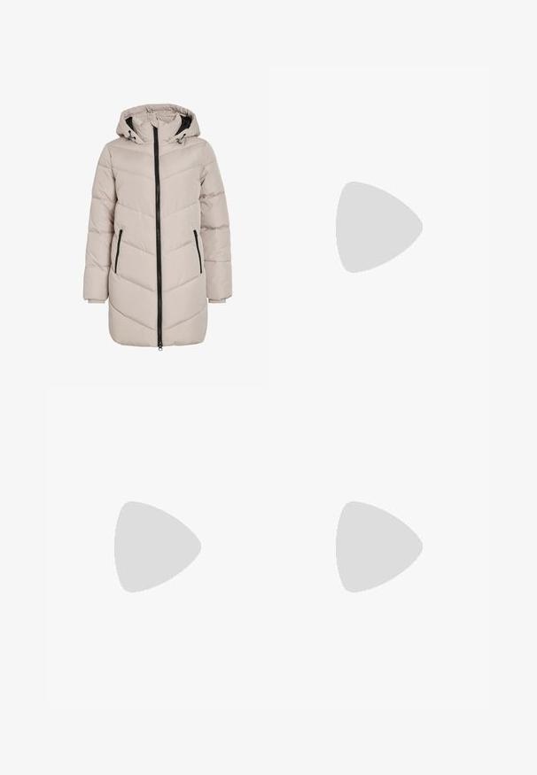 Ljust beige vadderad jacka med huva, med en chevron-design, svart dragkedja och två sidofickor. Tyget har en slät textur.; Vit ärmlös ribbad linne med gyllene metallisk text som säger "Cowgirl" över bröstet, visad mot en enkel bakgrund.; Kordfløyelsbyxor med utsvängd ben och vertikala ränder i brunt, tan och senapsgult. Utmärkande design med hög midja och fem fickor.; Svart lackläder Mary Jane-sko med spetsig tå, justerbar rem och blockklack, med en glansig yta och minimalistisk design.; Grå ribbad crop top och olivgrön högmidjad kjol. Modellen håller en vit axelremsväska med utskärningar. Enkelt design, tight passform.