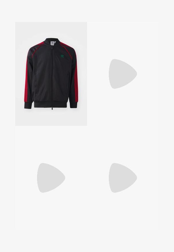 Casaco de track preto com riscas vermelhas, fecho éclair, punhos e bainha canelados, apresentando um pequeno logótipo verde na área do peito esquerdo. Tecido leve.; T-shirt de algodão azul marinho com mangas curtas, gola redonda e logótipo bordado com detalhes de louros no lado esquerdo do peito.; Calças atléticas pretas com um cós elástico, apresentando riscas brancas laterais e um pequeno logótipo. O material parece macio e leve.; Ténis em preto e branco com upper em camurça e couro, apresentando três riscas brancas, um toe perfurado e uma sola em borracha de goma.