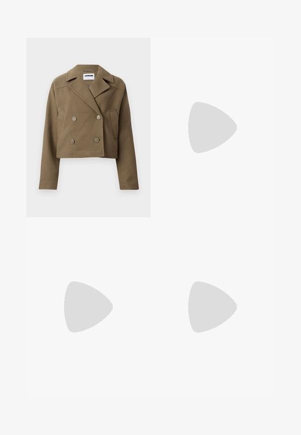 Cropped double-breasted jacket in olive green, made of textured fabric. Features large buttons and a pointed collar, with side pocket detail.; Black short-sleeve t-shirt with a round neckline, crafted from soft cotton fabric. Simple design, no visible logos or patterns.; Black wide-leg trousers made of smooth fabric, featuring a classic waistband with a button closure and front pleats.; Gray, tailored overcoat with a straight cut; paired with knee-high black leather boots featuring a square toe and chunky heel.