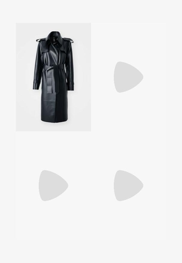 Norma Kamali DOUBLE BREASTED TRENCH BELOW THE KNEE - Trenchcoat - black; Norma Kamali HALTER DRAPE MINI DRESS - Cocktail dress / Party dress - black; Stuart Weitzman Classic heels - black; Cult Gaia HERA NANO SHOULDER - Clutch - black