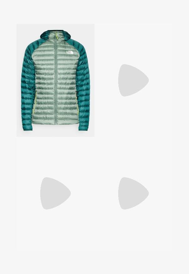 Green down jacket with a hood. Features a quilted design, smooth shell, and contrasting dark green sleeves. Includes a front zipper and logo on chest.; Black short-sleeve athletic shirt with a textured fabric, featuring a white logo on the left chest and a straight hem.; Black athletic pants made from lightweight fabric, featuring a drawstring waistband, side pockets, and tapered cuffs at the ankles.; Black trail running shoe with a textured upper, rubber sole, and reinforced toe cap. Features a padded collar and pull tab for easy wear.