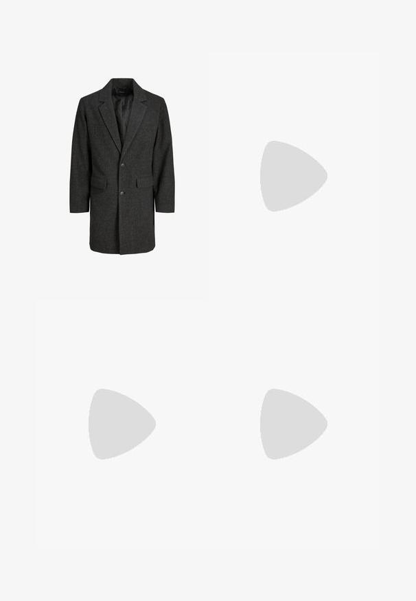 Gray herringbone coat with a notched collar, single button closure, two front pockets, and a lined interior. Classic, tailored fit.; Black knitted sweater with a ribbed texture, round neckline, and long sleeves. Simple design; no additional patterns or accents.; Black high-waist straight-leg denim jeans with front button, zip closure, and five-pocket design on a white background.; White leather low-top sneakers with a round toe, flat white rubber sole, and minimalistic stitching detail. Laces secured through six eyelets.