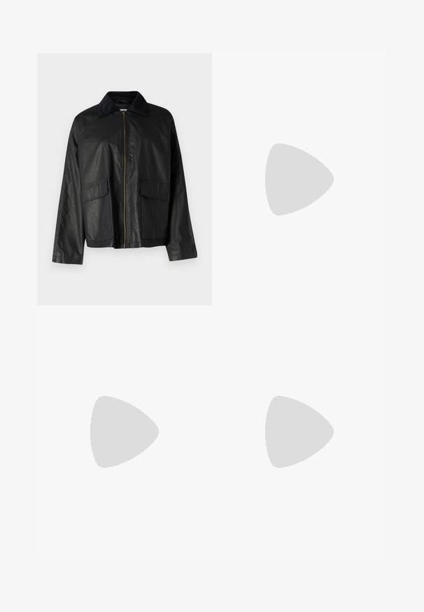 Veste en cuir noir avec fermeture éclair à l'avant, col texturé, deux poches avant et coupe décontractée. Présente une surface lisse et des détails minimalistes.; Débardeur blanc sans manches en tissu côtelé, doté d'un col rond et d'une silhouette ajustée, avec des coutures minimales et sans ornements.; Jean évasé bleu clair en denim, doté d'une taille haute, d'un design à cinq poches et d'un dégradé subtil vers l'ourlet.; Bottes de cowboy en cuir marron avec un bout pointu et un talon bloc, présentant des coutures détaillées et des accents en relief sur la tige.; Lunettes noires angulaires avec des verres gris ; fabriquées en plastique, avec des branches épaisses à la surface lisse et sans matériel visible.; Boucles d'oreilles en argent en forme de créoles avec un design torsadé, dotées d'une finition polie et d'une fermeture à poussoir. Mesurent environ 3 cm de diamètre.