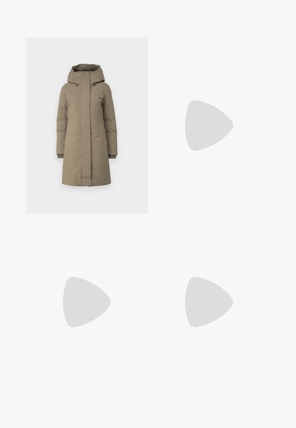 Khaki puffer coat with a zip and button closure, detachable hood, ribbed cuffs, smooth texture, and knee-length design.; White short-sleeve t-shirt made of cotton with a crew neck design. Smooth texture and straight cut, no patterns or accents.; Black wide-leg trousers made of smooth fabric, featuring a flat-front design, pleated details, and belt loops at the waistband.; Black leather pointed-toe pump with a slim heel, smooth texture, and no visible embellishments. Clean design with a minimalist aesthetic.