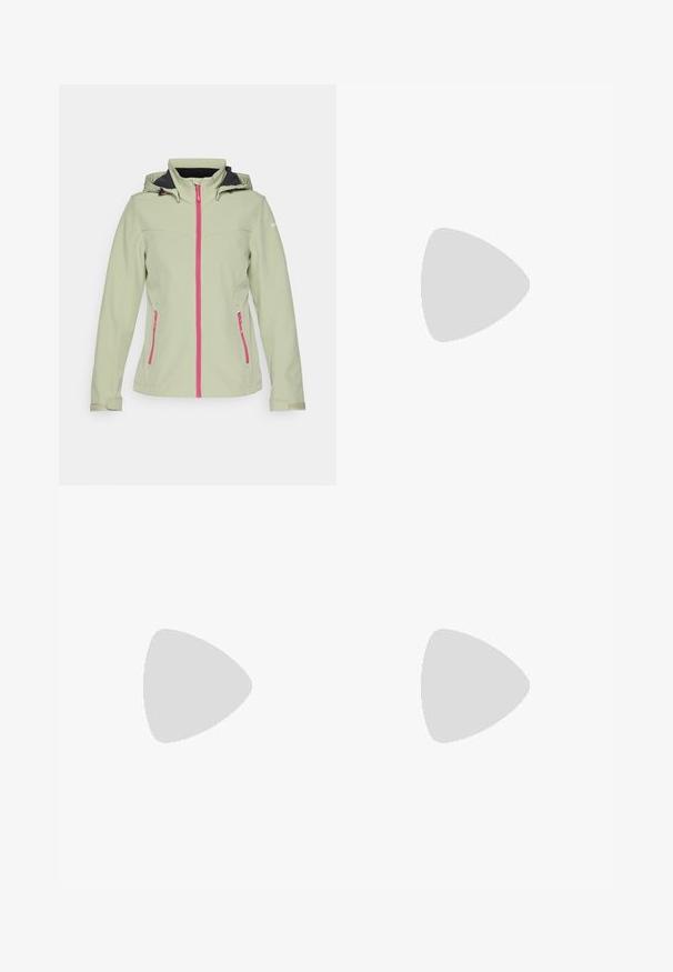 Icepeak BRENHAM - Softshellová bunda - asparagus; Šedé tričko s krátkým rukávem vyrobené z měkké, vlhkosti odvádějící tkaniny. Obsahuje kulatý výstřih a malé bílé logo na levém horním rukávu.; Khaki kalhoty na zip vyrobené z lehkého, odolného materiálu. Mají knoflíkový uzávěr, rovné nohavice a ohrnuté manžety pro všestrannost.; Tmavě šedá sportovní bota s texturovaným textilním svrškem, plochými tkaničkami, zesílenou špičkou a silnou, robustní podrážkou pro přilnavost. Na patě je embosované číslo 300.