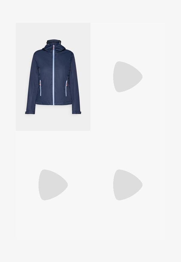 Marineblauwe lichtgewicht jas met een voorrits, capuchon en twee zijzakken met rits. Bevat lichtblauwe ritsen en een verstelbare kraag.; Langsluitend donkergrijs shirt met lange mouwen, versierd met een grafisch ontwerp van rode bomen en bergen; het "COLUMBIA"-logo in vet witte tekst. Zacht materiaal, standaard ronde hals.; Heren buitenbroeken, donkergrijs, gemaakt van flexibel materiaal, met een riem, ritszakken en verstevigde stiksels.; Columbia PEAKFREAK™ II OUTDRY™ - Outdoorschoenen - blue heron/skylight