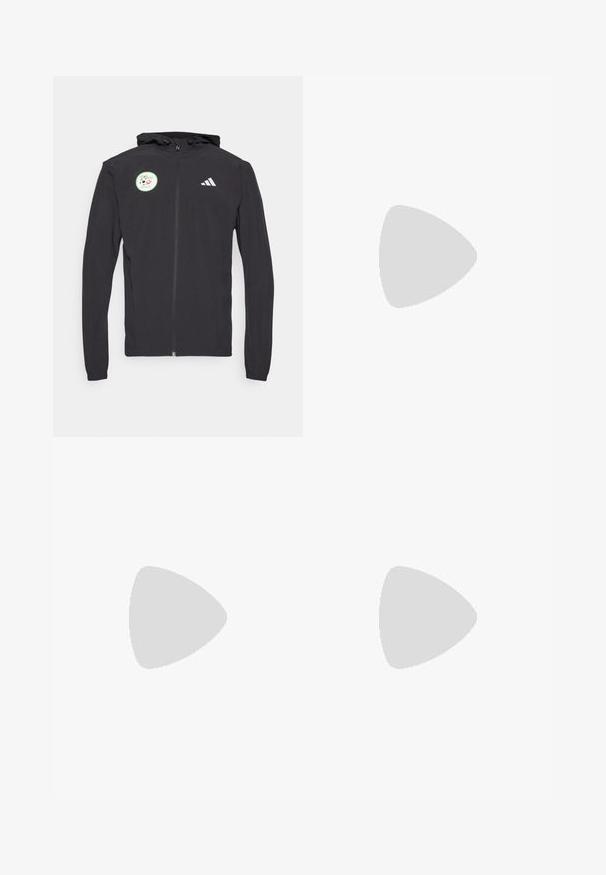 Crna zip-up dukserica s kapuljačom i vezicom, s kružnom zelenom naljepnicom s dizajnom nogometne lopte i bijelim Adidas logom na prsima.; Crna pamučna majica s kratkim rukavima, okruglim izrezom i bijelim logotipom na lijevoj strani prsnog koša. Glatka tekstura i jednostavan dizajn.; Crne sportske hlače s elastičnim pojasom, suženim dizajnom, bočnim džepovima i suptilnim logotipom. Izrađene od fleksibilne, prozračne tkanine.; Crne atletske tenisice s prozračnom mrežicom na gornjem dijelu, bijelim akcentima i mekanim potplatom. Imaju logo s tri pruge sa strane.
