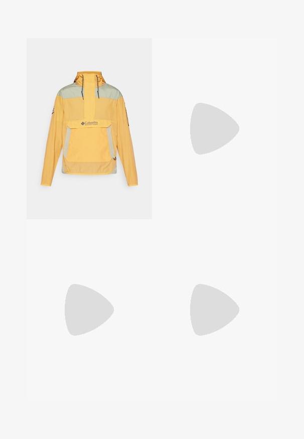 Gul og grøn halv-zip jakke med en frontlomme, snoretræk ved hætten og logo på brystet. Let, tekstureret stof med delvise reflekterende detaljer.; Sort kortærmet t-shirt lavet af bomuld, med rund halsudskæring og et lille hvidt logo på den øverste venstre brystområde.; Sorte atletiske bukser lavet af letvægtsstof, med en snor i taljen, sidelommer og tapered manchetter ved anklerne.; Sort trail løbesko med en struktureret overdel, gummisål og forstærket tåhætte. Har en polstret krave og en pull-tab til nem påtagning.