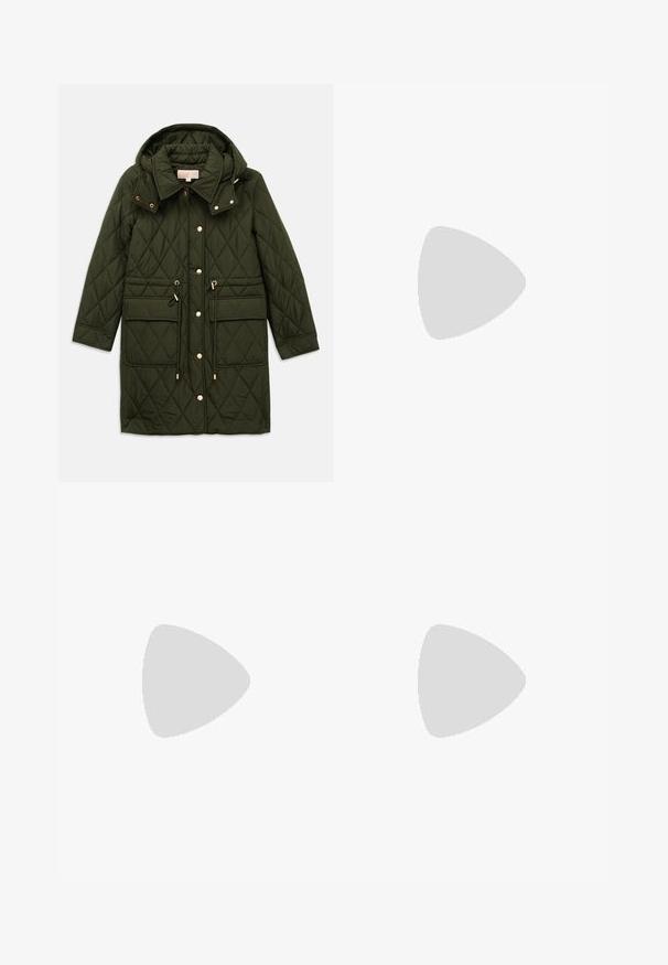 Olive green quilted long jacket with hood, front snap buttons, drawstring waist, flap pockets, and collar on plain background.; Polo Ralph Lauren BUTTONED PONTE MAXI SHIRTDRESS - Shirt dress - trophy cream; Slide sandal featuring a beige strap with a geometric pattern, a rounded yellow accent on the upper, and a flat, light sole.; White leather handbag with a textured finish, featuring a gold chain strap and black accents. Includes a front pocket and zipper closure.