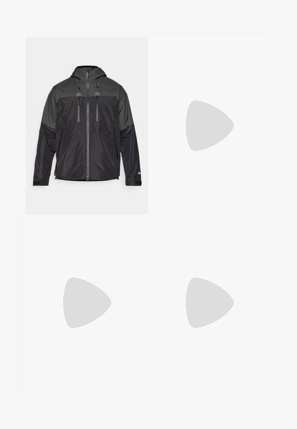 Black and gray waterproof jacket with hood, front zipper, four zippered pockets, and Velcro adjustable cuffs, designed for outdoor use.; Black short-sleeve T-shirt made from lightweight fabric. Features a small white logo on the left chest and subtle shoulder accents.; Black athletic pants made from lightweight fabric, featuring a drawstring waistband, side pockets, and tapered cuffs at the ankles.; Black athletic shoe with mesh upper, rubber outsole, and padded collar. Features laces, logo on the side, and a textured design.