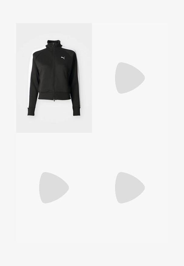 Zwarte zip-up jas met hoge kraag, voorzien van witte zijpanelen en een klein wit logo op de borst. Geribde manchetten en onderrand.; Zwart-witte t-shirts met lange mouwen, met ronde halslijnen, zachte stof en een aansluitend ontwerp met rechte zomen.; Zwarte, lichte broek met een elastische tailleband en gathered enkels. De stof is glad en heeft een ontspannen, taps toelopend ontwerp.; Zwarte sportieve sneakers met een gestructureerde bovenkant, dikke zool en luchtkussen. Samengevoegd met lichtblauwe cropped broeken in een casual houding.