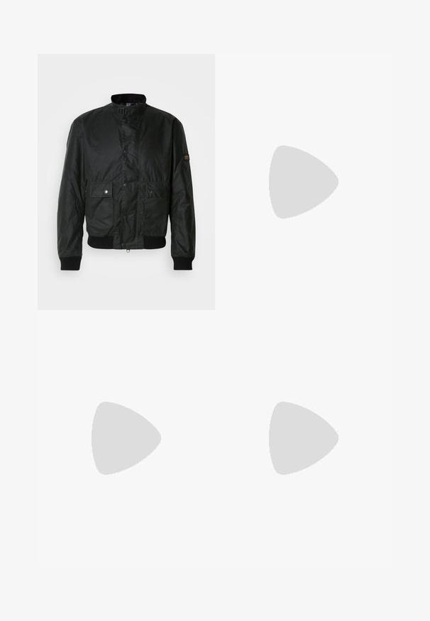 Black bomber jacket made of textured fabric with a high collar, front snap buttons, two front pockets, and ribbed cuffs.; Black short-sleeve T-shirt made from a smooth cotton blend, featuring a crew neckline and a minimalistic design with no patterns or accents.; Black cotton trousers with a straight fit, featuring a button closure, belt loops, and minimalistic design. Smooth texture, no patterns.; Black low-top leather sneaker with black laces and off-white sole shown in side profile on white background.