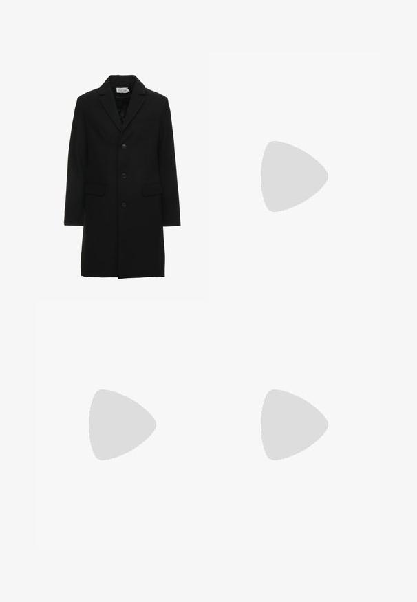 Black wool blend overcoat featuring a notched lapel, single-breasted button closure, two front pockets, and a sleek, tailored silhouette.; Black t-shirt made of cotton with short sleeves. Features a green "ROOTS" logo on the front, round neckline, and standard fit.; Black cargo pants with a straight cut, featuring side pockets, a button closure, and elastic drawstrings at the ankles. Made from durable fabric.; Leather sneakers with a black and cream color scheme, featuring perforated accents, a padded collar, and a textured outsole.