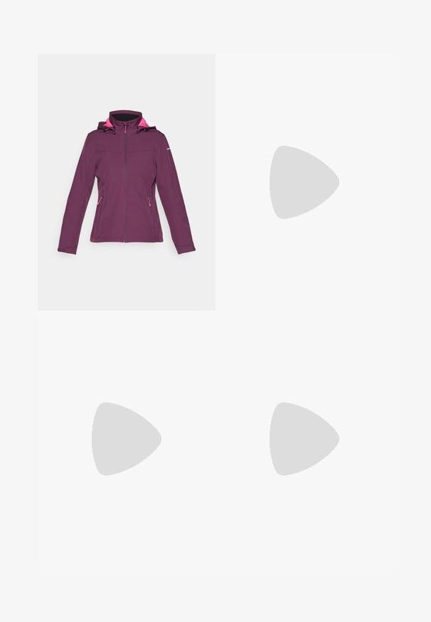 Chaqueta softshell morada con un diseño ajustado, acentos rosas en la capucha y los cremalleras, y dos bolsillos laterales. Textura elástica y suave.; Camiseta de manga corta y cuello redondo en color mauve apagado, hecha de una tela suave con un pequeño logo blanco en el lado izquierdo del pecho. Textura suave.; Pantalones exteriores negros hechos de tela duradera. Cuentan con bolsillos con cremallera, refuerzos en las rodillas y un diseño de corte recto para mayor movilidad.; Zapatos de senderismo ligeros en color púrpura con parte superior de malla, detalles en negro, suela acolchada y un diseño de suela resistente para mayor tracción.
