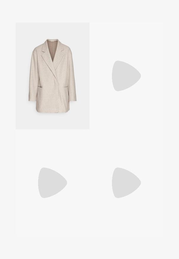 Beige Wollmischung-Blazer mit Reverskragen, einreihigem Knopfverschluss und seitlichen Taschen. Glatte Textur mit einem leicht oversized Schnitt.; Gestreiftes, kurz geschnittenes T-Shirt in Marineblau und Weiß. Kurze Ärmel, runder Ausschnitt, weicher Stoff mit horizontalen Streifen und lässiger Passform.; Weit geschnittene Hosen aus dunkelnavy Stoff mit strukturiertem Rippendesign. Merkmale sind ein glatter Hosenbund und eine luftige Silhouette, die bis zur Mitte der Wade reicht.; Schwarze Leder-Mary-Jane-Schuhe mit einer abgerundeten Zehenpartie, Schleifendetail und verstellbarem Knöchelriemen. Mit einer stabilen Gummisohle mit geschwungenen Akzenten.
