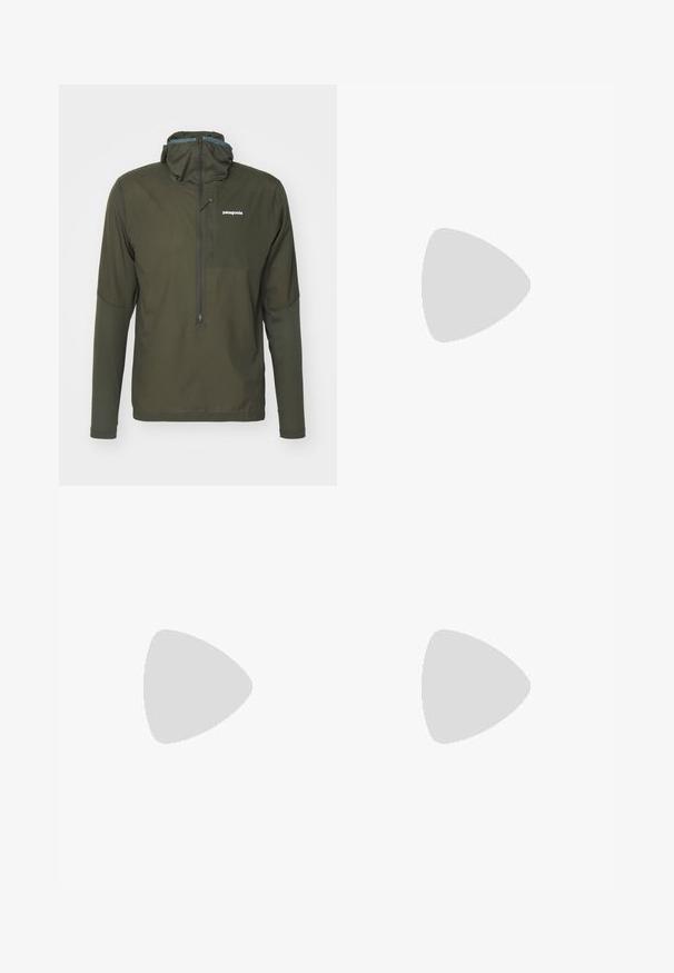 Patagonia AIRSHED PRO - Cortaviento - pine needle green; Camiseta gris de manga corta hecha de una tela suave y texturizada, que presenta un pequeño logotipo azul de Patagonia en el lado izquierdo del pecho. Sin patrones adicionales.; Pantalones oscuros de color gris, hechos de un tejido duradero, que cuentan con un bolsillo con cremallera, corte recto y trabillas para cinturón para un ajuste ajustable.; Zapatillas impermeables marrones con parte superior texturizada, acentos perforados, soporte para el talón negro y suela de goma gris. Los cordones tienen extremos metálicos.
