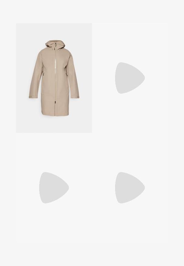 Beige, knælang jakke med frontlynlås. Har hætte, sidelommer med lynlås og justerbare manchetter. Glat tekstur, minimalistisk design.; Lys grå kortærmet t-shirt lavet af åndbart stof. Har et geometrisk mønster og et lille hvidt logo på den øverste venstre side.; Sorte atletiske bukser lavet af letvægtsstof, med en snor i taljen, sidelommer og tapered manchetter ved anklerne.; Sort løbesko med syntetisk overdel, struktureret design og kontrasterende røde accenter. Udstyret med et sikret snøresystem og en robust ydersål.