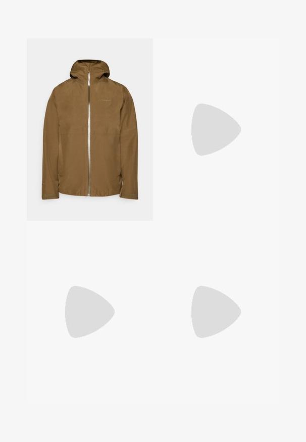 Berghaus BRAMBLFELL  - Hardshelljacke - bark/oak moss; Schwarzes T-Shirt mit kurzen Ärmeln aus leichtem Stoff. Mit einem kleinen weißen Logo auf der linken Brust und dezenten Akzenten an den Schultern.; Schwarze Sporthosen aus leichtem Stoff, mit einem Kordelzugbund, seitlichen Taschen und schmal zulaufenden Bündchen an den Knöcheln.; Schwarzer Trailrunning-Schuh mit strukturiertem Obermaterial, Gummisohle und verstärkter Zehenkappe. Verfügt über einen gepolsterten Kragen und eine Ziehlasche für einfaches Anziehen.