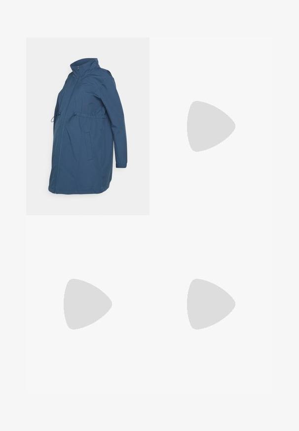 Blue maternity jacket with a high collar, front zipper, adjustable drawstring waist, and long sleeves. Smooth, lightweight material.; Three maternity tank tops in white, gray, and black. Stretchy fabric with adjustable spaghetti straps and gathered side seams for comfort.; Maternity jeans with blue denim legs and a black stretchy abdominal panel designed to support and cover a growing belly.; White sneaker made of smooth synthetic material, featuring a rounded toe, lace-up design, flat sole, and subtle perforated detailing.