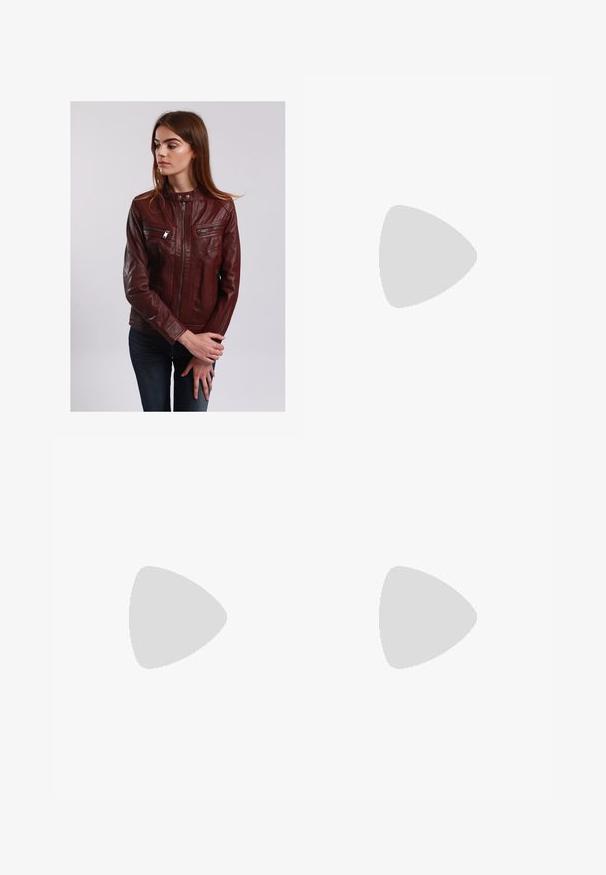 Lee Cooper BETHANIE - Leather jacket - oxblood; Black short-sleeve t-shirt made of cotton. Features a round neck, relaxed fit, and clean hem with no visible patterns or hardware.; Black wide-leg pants made of denim, featuring a structured waistband, belt loops, and front pockets. Smooth texture with a classic design.; Black patent leather slingback heels with a pointed toe and a geometric block heel. Features a sleek, minimal design and smooth texture.
