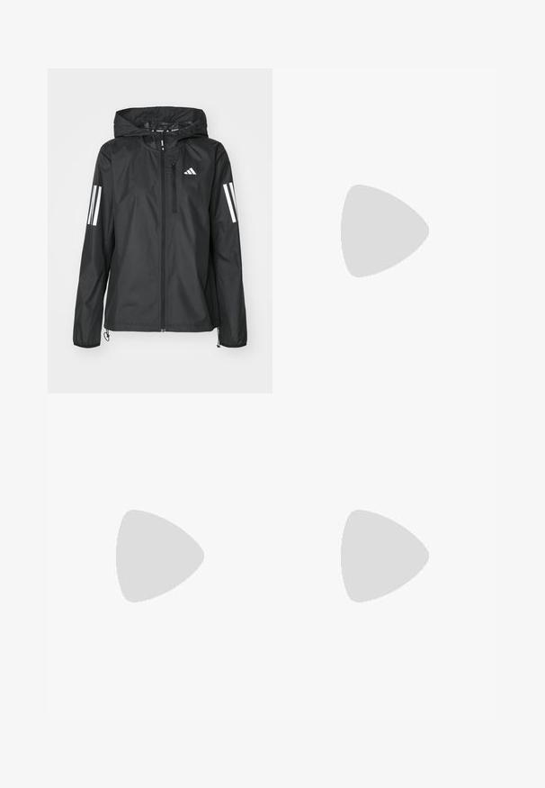 Zwart lichtgewicht jack met capuchon, voorzien van een volledige rits en twee witte strepen op elke mouw. Gladde textuur, ontworpen voor gebruik buiten.; Witte sportieve t-shirt gemaakt van glad, lichtgewicht materiaal. Heeft zwarte drie-streep-accenten op de schouders en een klein zwart logo op de borst.; Zwarte sportshorts met een gelaagd ontwerp, gemaakt van lichtgewicht stof. Voorzien van een elastische tailleband en een klein wit logo aan de zijkant.; adidas Performance PUREBOOST 5 - Hardloopschoenen voor op de weg - white/glow blue/purple burst