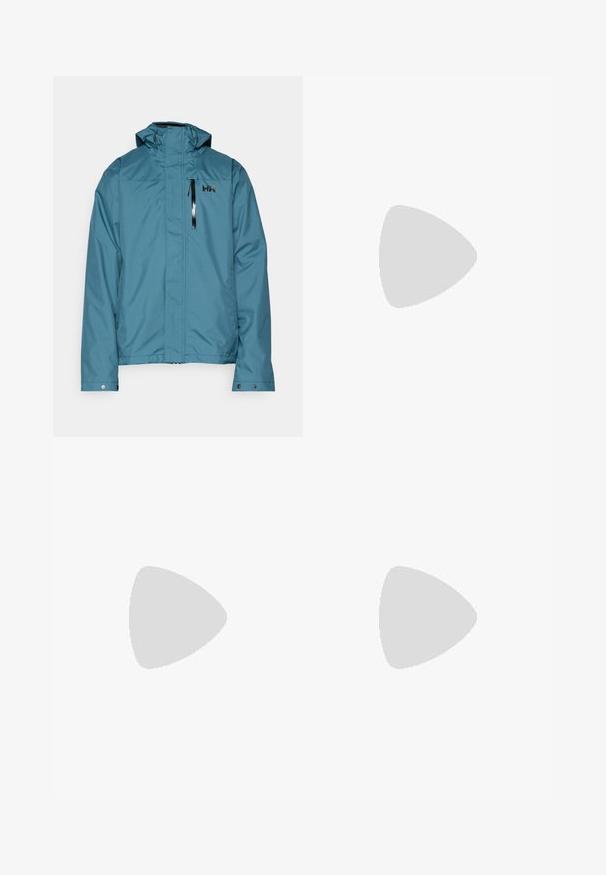 Veste imperméable teal avec un col haut, une capuche réglable et une poche poitrine zippée. Présente un logo discret en haut à gauche.; T-shirt noir à manches courtes en tissu léger. Présente un petit logo blanc sur la poitrine gauche et des accents subtils aux épaules.; Pantalon de sport noir en tissu léger, avec une taille à cordon, des poches latérales et des chevilles resserrées.; Chaussure de trail running noire avec une tige texturée, semelle en caoutchouc et bout renforcé. Présente un col rembourré et une tirette pour un enfilage facile.