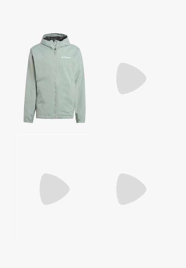 Adidas Terrex MULTI TWO-LAYER RAIN.RDY - Regnjakke / vandafvisende jakker - silver green; Sort kortærmet t-shirt lavet af let stof, med et lys gråt "TERREX" logo på tværs af brystet og rund halsudskæring.; Sorte vandtætte bukser lavet af letvægtsstof, med en elastisk talje og sidelomme med lynlås. Enkel, skræddersyet design.; Letvægts trail løbesko med en grå og sort mesh overdel, orange accenter og en robust ydersål til trækkraft. Vandtæt Gore-Tex foring.