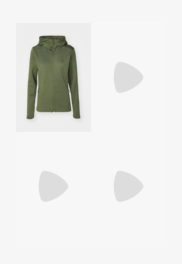 Didriksons ANNELI FULLZIP - Veste de survêtement - wild forest green; T-shirt cropped à manches courtes avec un devant vert, des manches noires et des panneaux latéraux contrastants. Présente un logo sur la poitrine.; Pantalons de sport noirs à coupe ajustée, avec une taille élastique et une poche latérale zippée. Tissu lisse et extensible avec des coutures minimales.; Chaussure de sport Columbia légère en mesh blanc avec une semelle texturée grise et une traction en caoutchouc. Dotée d'un collier rembourré et d'un design à lacets.