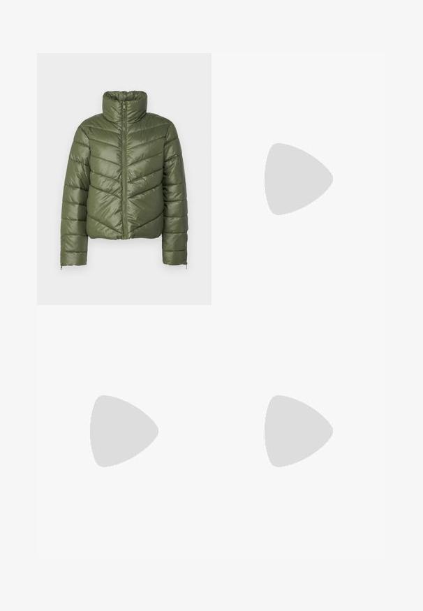 Olive green puffer jacket with a high collar, front zipper, and chevron stitching. Features elastic cuffs and a cropped silhouette.; Black short-sleeve t-shirt with a round neckline, crafted from soft cotton fabric. Simple design, no visible logos or patterns.; Black pleated trousers with an elastic waistband. Features wide legs and a smooth, textured fabric with vertical stripes.; Tall black leather boot with chunky platform sole and block heel, featuring pull tab and textured tread on outsole.