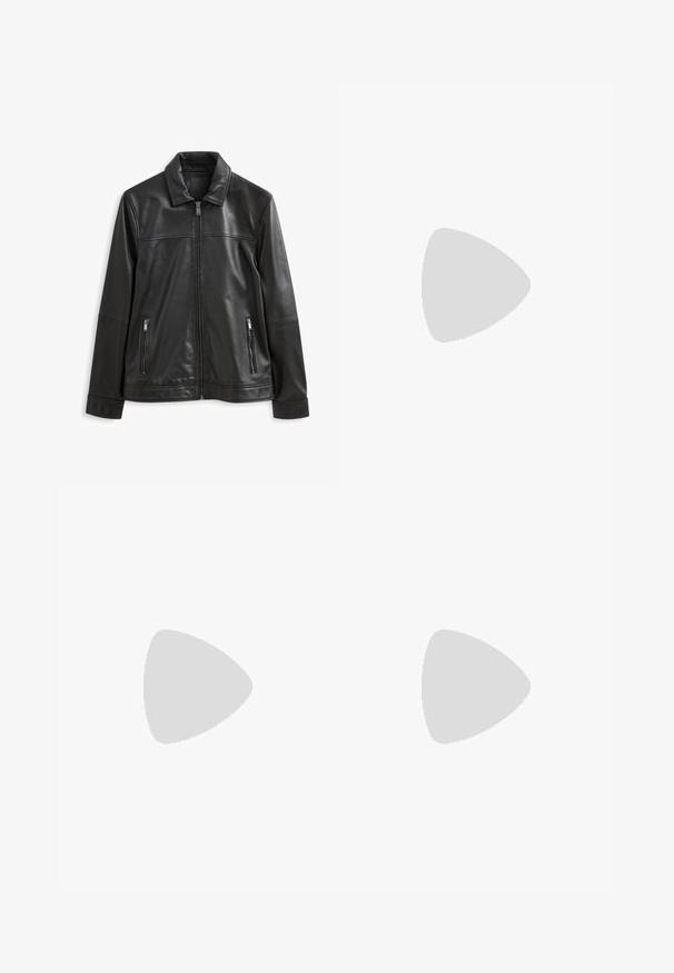 Schwarze Lederjacke mit Kragen, Frontreißverschluss, zwei seitlichen Reißverschlusstaschen und glatter Oberfläche.; Schwarzer, gerippter Pullover mit langen Ärmeln und rundem Halsausschnitt sowie feiner Textur. Geschlossene Bündchen und Saum verstärken das strukturierte Design.; Schwarze Cargo-Hosen aus Denim, mit mehreren aufgesetzten Taschen, geradem Beindesign und sichtbaren Nähdetails.; Schwarze Leder-Schnürschuhe mit glatter Oberfläche, abgerundeter Zehenpartie und einer gummierten, flachen Sohle. Minimalistisches Design ohne zusätzliche Verzierungen.