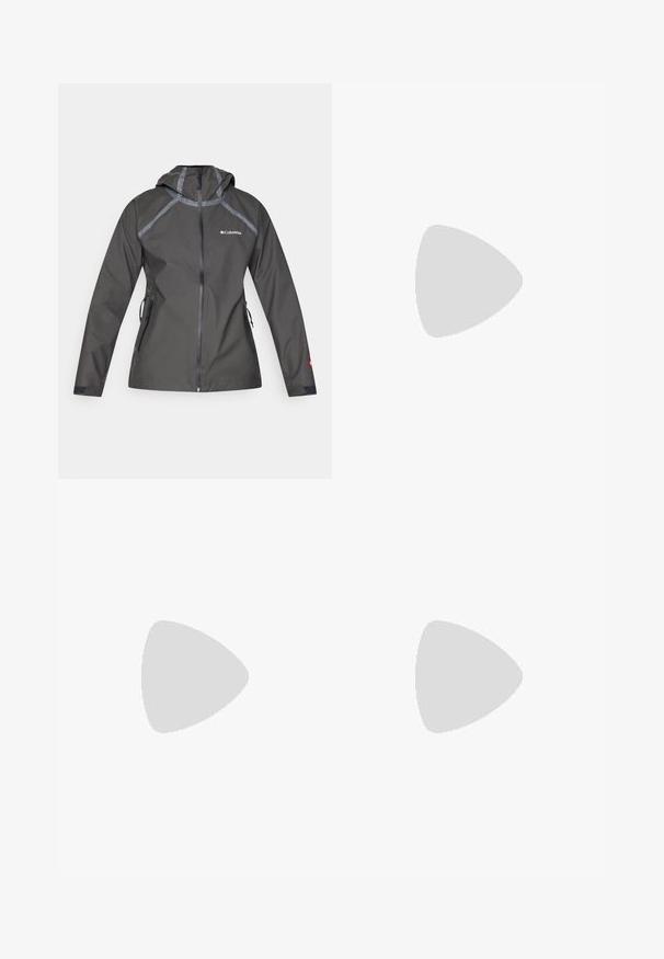 Jachetă impermeabilă de culoare gri închis, cu glugă, având accente de cusătură, buzunare cu fermoar și un logo pe piept. Material texturat.; Tricou scurt de culoare crem, cu guler rotund, mâneci scurte și panouri laterale negre; are un mic logo negru pe piept.; Pantaloni bleumarin dintr-un material neted, cu închidere frontală cu buton, croială slim-fit și detalii pliate la genunchi.; Columbia PEAKFREAK - Pantofi drumeție - black