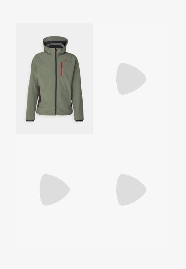 CMP MAN JACKET ZIP HOOD - Softshelljas - salvia; Witte sportieve T-shirt met korte mouwen, gemaakt van ademend materiaal, met een oranje "TERREX" logo op de borst. Eenvoudig ontwerp met strakke lijnen.; Zwarte sportbroek met een elastieke tailleband, twee zijzakken met rits en een logo op de bovenkant van het rechterbeen. Soepele, lichte stof.; Zwarte sportieve schoen met een gestructureerde mesh bovenkant, versterkte neus, grijze accenten, vetersluiting en duurzame rubberen zool.