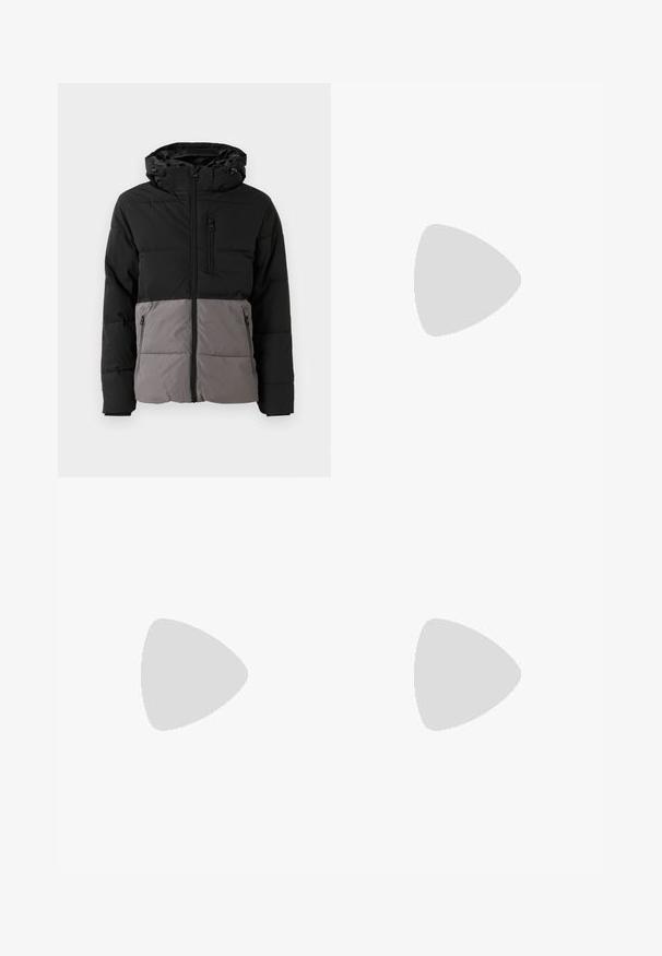 Puffer jacket in black and gray, featuring a zippered front, a hood, two side pockets, and one chest pocket, with quilted texture.; Gray cotton blend t-shirt with black Nike logo; features a small Nike label on the side hem; simple design, short sleeves.; Beige cargo pants in a lightweight cotton material. Features elastic cuffs, multiple side pockets, and a button closure.; White leather sneakers with perforations, round toe, flat sole, and thick laces, featuring a visible swoosh logo and "AIR" on the heel.