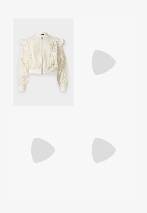 The Kooples BLOUSON - Summer jacket - off white; White cotton t-shirt with short sleeves, round neckline, relaxed fit, and stitched hem. Label visible on the inside neck.; Beige linen shorts with a relaxed fit, featuring a button closure, pleated design, and knee-length cut. Smooth texture and simple style.; Beige patent leather heeled sandals with cross strap design, open toe, adjustable ankle strap, and a block heel. Smooth texture.