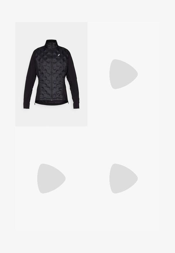 Schwarze Jacke mit einer gepolsterten, strukturierten Vorderseite und glatten Ärmeln. Verfügt über einen hohen Kragen und einen Reißverschluss, der für Wärme und Flexibilität sorgt.; Schwarzes sportliches Tanktop aus leichtem Material. Mit rundem Halsausschnitt, Racerback-Design und kleinem weißen Logo auf der Vorderseite.; Schwarze Sportshorts mit einem breiten Bund, plissiertem Design und einem kleinen weißen Logoakzent auf der unteren linken Seite. Weiches, leichtes Material.; Helle rosa SportSchuhe mit synthetischem Obermaterial, Gummisohle, gepolstertem Kragen, Netzstruktur und schwarzen Logoakzenten an der Seite.