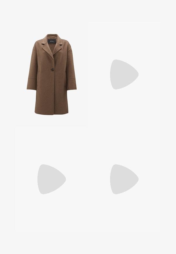 Brauner Wollmantel mit Reverskragen, Ein-Knopf-Verschluss, abgestuften Schultern, zwei Seitentaschen und einer weichen Textur.; Schwarzes Sportoberteil mit langen Ärmeln aus dehnbarem Material, ausgestattet mit einem Viertel-Reißverschlusskragen, seitlichen Taschen und dem "SILENCE"-Logo auf der Brust.; Schwarze weit geschnittene Hose mit maßgeschneidertem Design, mit Falten und einer glatten Stoffstruktur. Klare Linien und keine sichtbaren Beschläge oder Akzente.; Braune Wildleder-Stiefeletten mit runder Zehenform, Plattformsohle und gesticktem Detail. Mit einem Ziehpull-Tab auf der Rückseite für einfaches Anziehen.; Schwarze Lederhandtasche mit einem geschwungenen, muschelförmigen Design, ausgestattet mit einem einfachen Trageriemen und einem Reißverschlussverschluss. Glatte Textur mit genähten Akzenten.