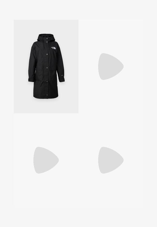 Giacca a pioggia lunga nera con cappuccio, due tasche frontali, bottoni a pressione e un logo sul petto; realizzata in materiale resistente alle intemperie.; T-shirt nera a maniche lunghe in cotone con colletto rotondo. Presenta un piccolo logo bianco sul lato sinistro del petto. Design semplice e vestibilità comoda.; Pantaloni cargo in nylon nero con zip rimovibile, polsini regolabili, molteplici tasche e un logo sulla gamba destra. Tessuto liscio e leggero.; Scarpa atletica beige e crema con tomaia in mesh testurizzato, sovrapposizioni supportive e suola in gomma con un motivo a tasselli per la trazione.