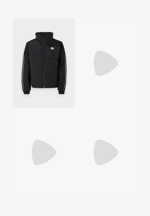 Veste matelassée noire avec un col haut, fermeture éclair à l'avant, poignets élastiques et bandes latérales blanches. Présente un logo sur la poitrine.; T-shirt blanc à col rond en coton, avec des manches courtes et un petit logo brodé sur la partie gauche de la poitrine. Texture douce.; Pantalon de survêtement noir en mélange de coton, avec une taille élastique et un petit logo blanc sur le côté gauche. Conception à jambes fuselées.; Baskets de sport blanches avec une tige synthétique lisse, accent logo noir et détails perforés sur le côté. Semelle en caoutchouc.