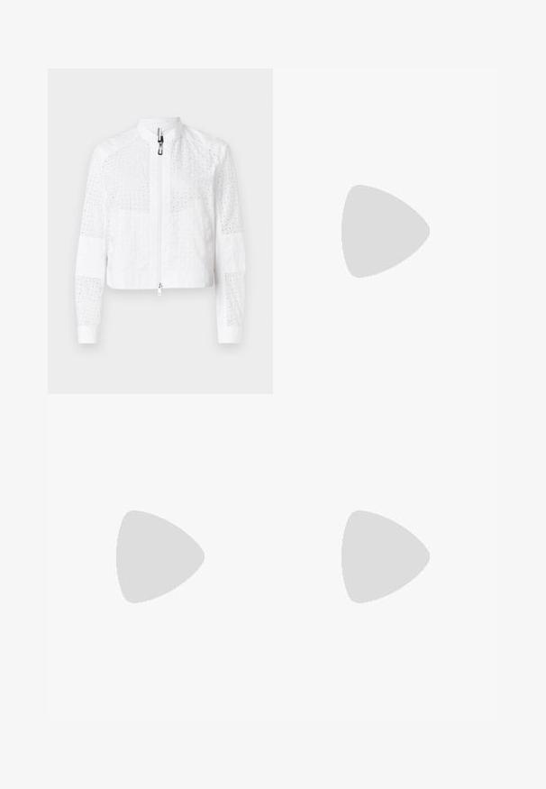 Marc Cain Bomber Jacket - white; Black off-the-shoulder t-shirt made of cotton with short sleeves. Features a small, gray Calvin Klein logo on the front.; Light blue denim jeans with a high waist, straight legs, and subtle fades. Features belt loops, five pockets, and metal button closure.; Black leather loafers with a smooth finish, stitched detailing around the toe, and a low rubber sole. Paired with wide black trousers.
