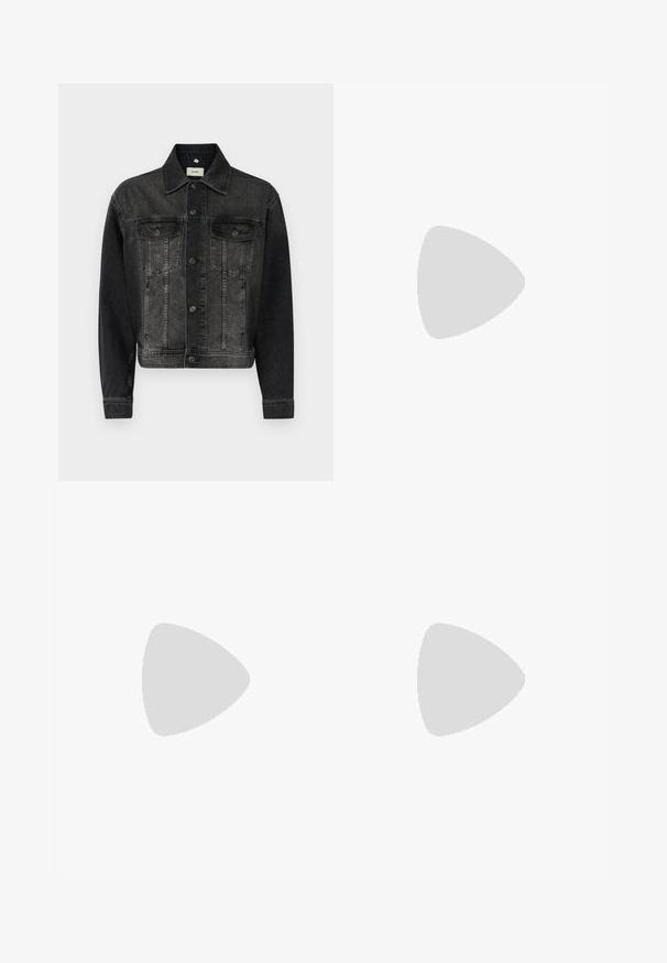 Black denim jacket with a cropped design, featuring two chest pockets, button-front closure, and a classic collar. Faded texture throughout.; Black long-sleeve shirt with a round neck. Made of soft fabric, features a simple design and a standard fit without any visible patterns or accents.; Black tailored pants with a smooth texture, featuring front pleats, straight legs, and side pockets. Simple design and solid color.; White sneaker with suede accents, rounded toe, flat laces, and a cream rubber sole. Features green branding on the heel.