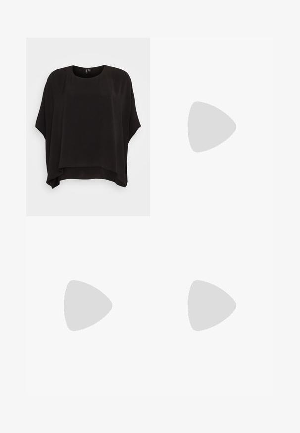 Black, loose-fitting top with short sleeves, featuring a round neckline and a flowing, textured fabric. Hemline falls below the waist.; Set of three short-sleeve t-shirts in black, gray, and white. Made from cotton, featuring a crew neck and a simple, solid color design.; Olive green, knee-length skirt made of soft fabric with a smooth texture and a flared cut, featuring a side slit for ease of movement.; Silver strappy sandals with a flat black sole, featuring thin metallic straps and an adjustable ankle buckle. Smooth texture throughout.; Gray ribbed crop top and olive green high-waisted skirt. Model holds a white shoulder bag with cut-out detailing. Simple design, fitted silhouette.
