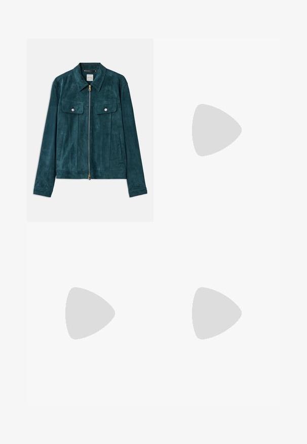 Türkiis sametjakk, millel on krae, lukk, esikotid ja hõbedased detailid. Omab vertikaalseid paneele ja sileda tekstuuri.; Valge puuvillane t-särk ümara kaelusega ja lühikeste varrukatega, millel on rindkere kohal väike must logo. Sile tekstuur ja mugav lõige.; Beezid püksid sirge lõikega, millel on nööriga vöökoht, volditud esikülg ja sile tekstuur. Lihtne ja mitmekesine disain.; Must musta nahk loafer läikiva viimistlusega, ümar varvas, delikaatsed õmblusdetailid ja paks kummist tallad vastupidavuse tagamiseks.