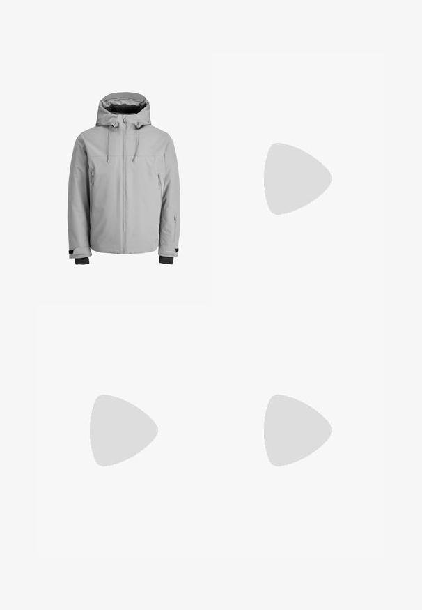 Light gray, insulated jacket with a hood, front zipper, and side zip pockets. Features adjustable cuffs and a smooth, water-resistant texture.; White cotton t-shirt with short sleeves, rounded neckline, relaxed fit, and no visible logos or patterns. Smooth texture and minimal design.; High-waisted, loose-fitting jeans in faded black denim. Features five pockets, belt loops, and a clean, straight leg design.; Gray and white sneaker with a suede and leather upper, rounded toe, flat laces, and a rubber sole featuring a gum accent.