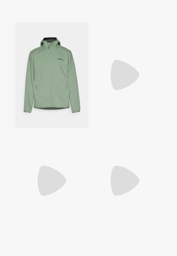 Light green zip-up jacket with a hood, made from soft fabric. Features two side pockets and a small logo on the chest.; Black short-sleeve t-shirt made of cotton, featuring a round neckline and a small white logo on the upper left chest area.; Black athletic pants made from lightweight fabric, featuring a drawstring waistband, side pockets, and tapered cuffs at the ankles.; Black trail running shoe with a textured upper, rubber sole, and reinforced toe cap. Features a padded collar and pull tab for easy wear.