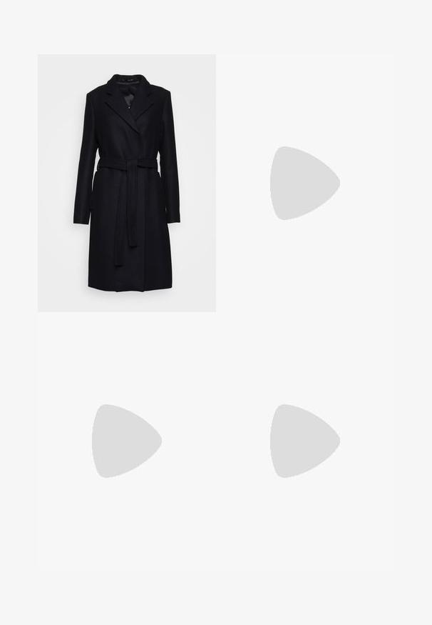Black wool blend coat with long sleeves, a notched collar, belt at the waist, and side pockets; smooth texture and tailored design.; Black turtleneck sweater made of ribbed fabric. Long sleeves, close-fitting design, and a slightly relaxed hem with no visible patterns or hardware.; Black wide-leg trousers made of soft velvet, featuring an elastic waistband and a smooth texture, with no visible detailing or patterns.; Black leather ankle boot with square toe, side zipper, and block heel against plain light background.; Black leather handbag with a curved shape, detachable strap, and gold hardware. The bag features a flap with a buckle detail.