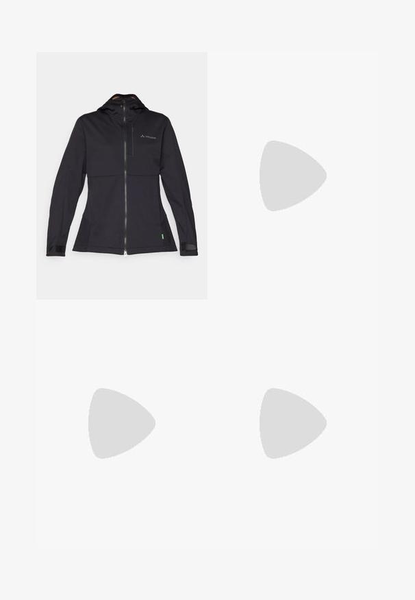 Black softshell jacket with a hood, features a front zipper, elastic cuffs, and a logo on the chest. Smooth texture, tailored design.; Short-sleeve white athletic shirt with a round neckline, featuring a logo on the chest and a smooth, lightweight fabric texture.; Black, fitted pants made from a flexible material. Features include a zippered side pocket, articulated knees, and a smooth texture.; Black hiking boot with a mid-top design, featuring a textured upper, gray accents, and durable rubber sole with traction lugs.